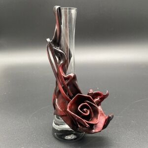 Hand Tooled Leather Rose Red Black Gothic Romantic Decor Polish Bud Vase 7.25"